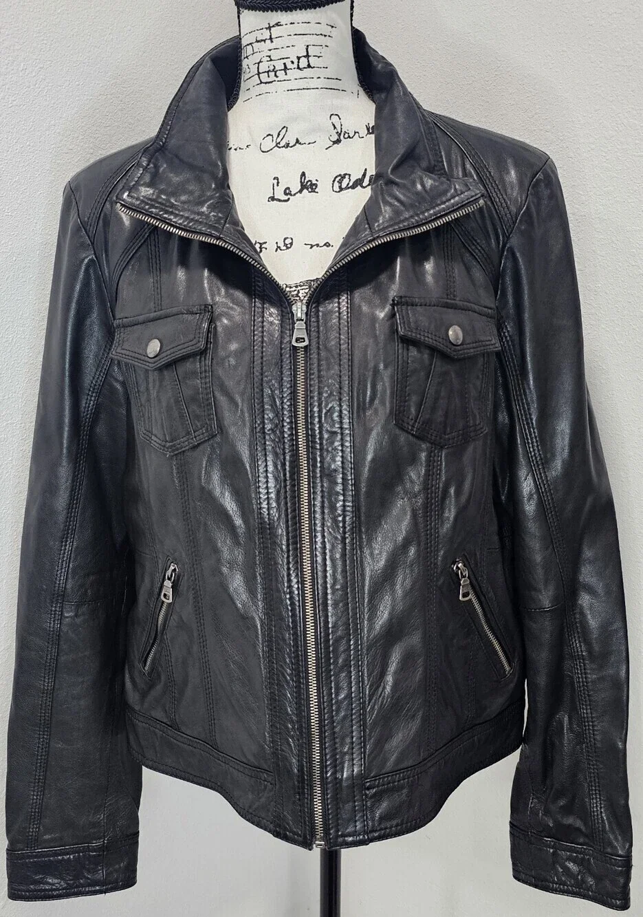 Vintage Y2K Guess Leather Moto Zip Jacket Pockets Size XL - Picture 1 of 12